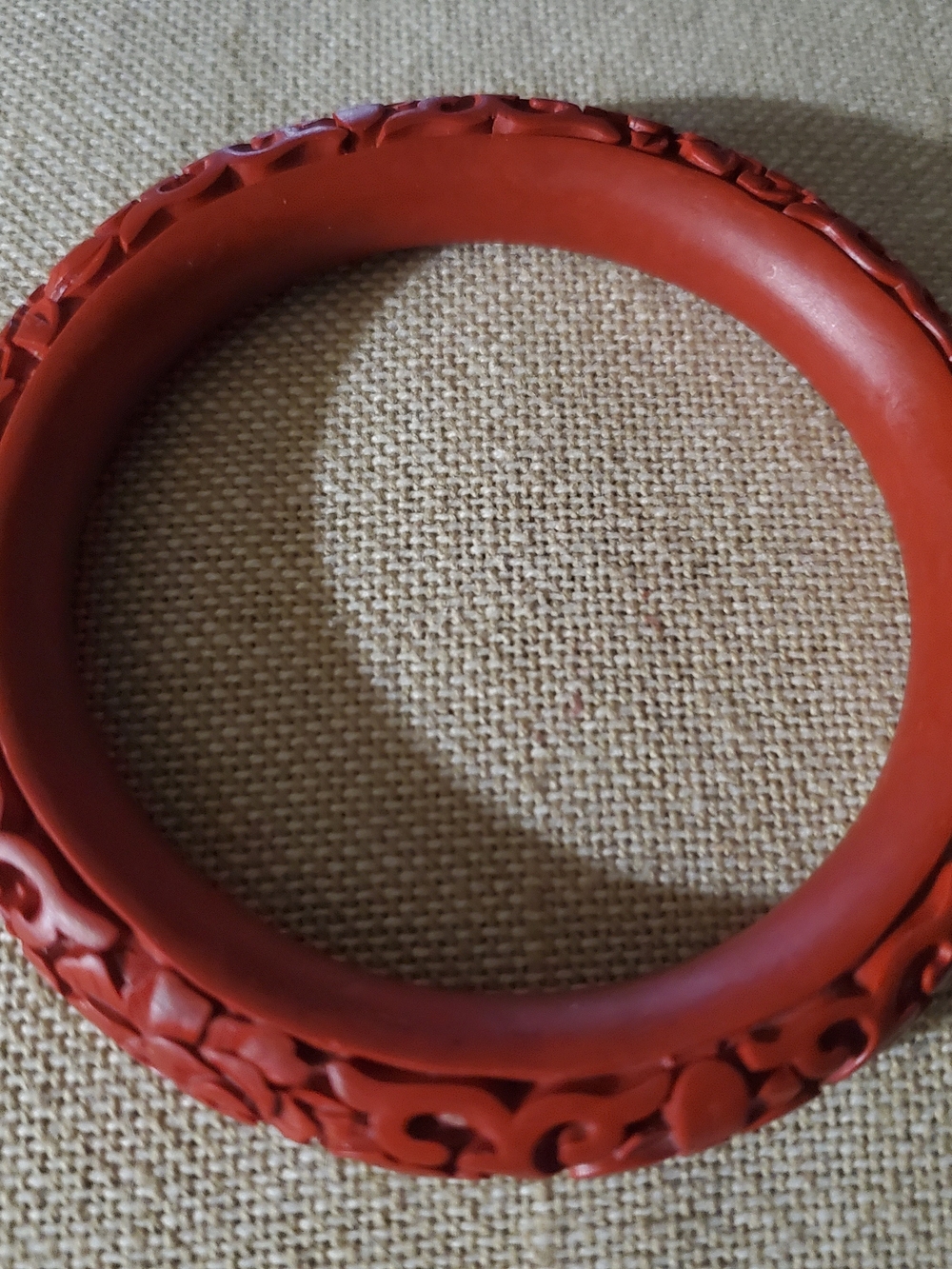 Vintage Hand Carved Red Cinnabar Bangle Bracelet Floral Large Size 7.75 "